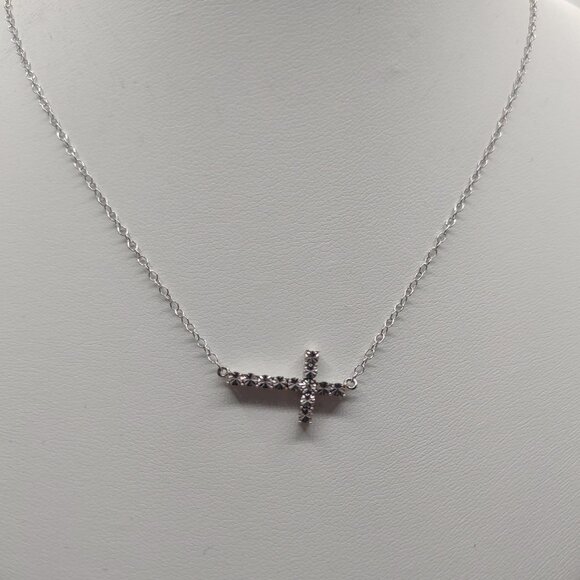 Sterling Silver 925 Necklace Cross Sparkly Sideways Affixed to 16" SS Chain - Picture 1 of 8